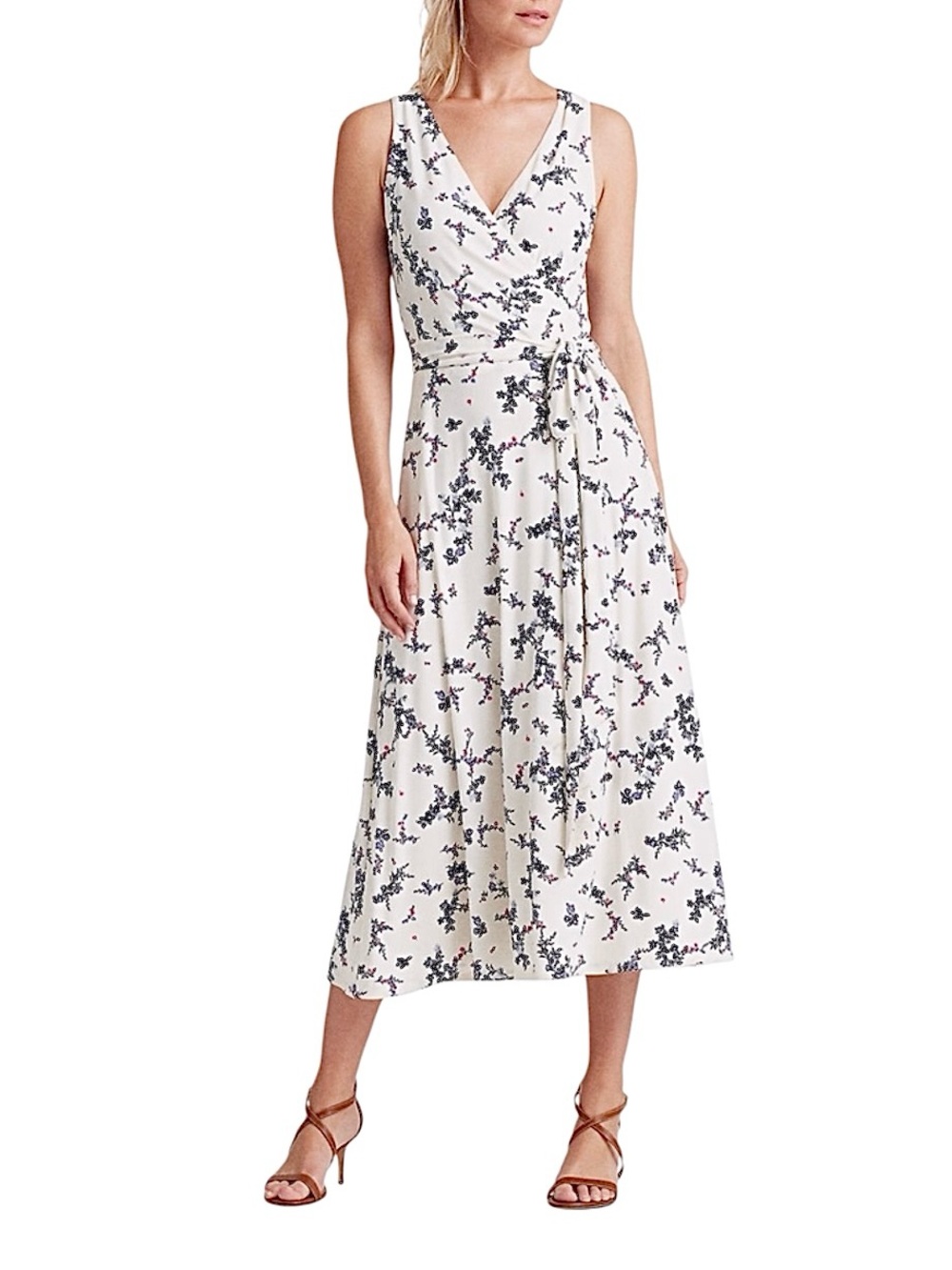 Lauren Ralph Lauren Off white Faux Wrap floral Print Tie Waist Jersey Dress 18W